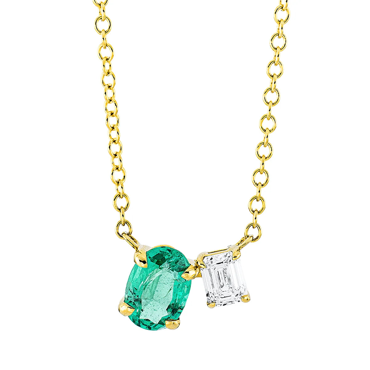 Farbstein Classic Collier 18 Karat Gelbgold 4L217 mit grünem Smaragd 0,68 ct und Diamant 0,28 ct im Smaragdschliff TW-si.