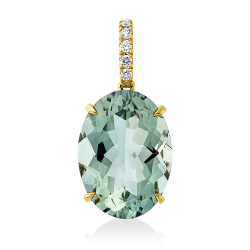 Großer grüner Amethyst-Anhänger Alva aus 18 Karat Gelbgold mit ovalem Edelstein und diamantbesetzter Öse